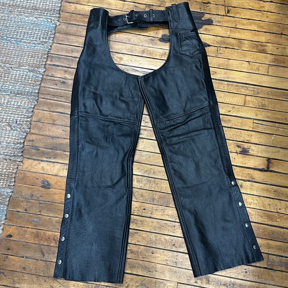 Y2K Black‎ Leather Motorcycle Riding Chaps XL Buckle Lace Back Snap Broken In